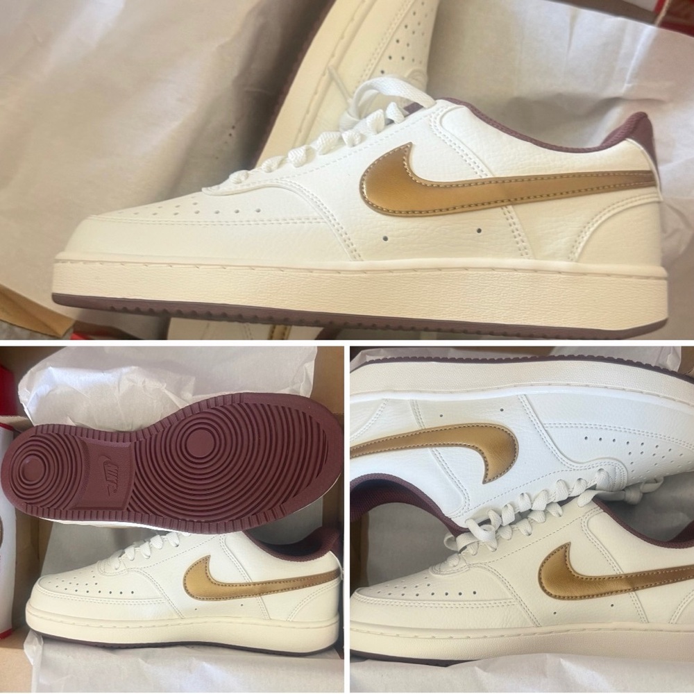 Nike dunk womans White Sneakers with Metallic Gold Swoosh and Burgundy Trim